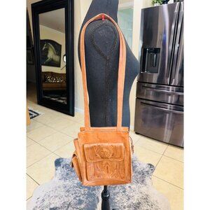 Vintage Handcrafted Congac Tooled Leather Shoulder Bag Floral Design Hippie